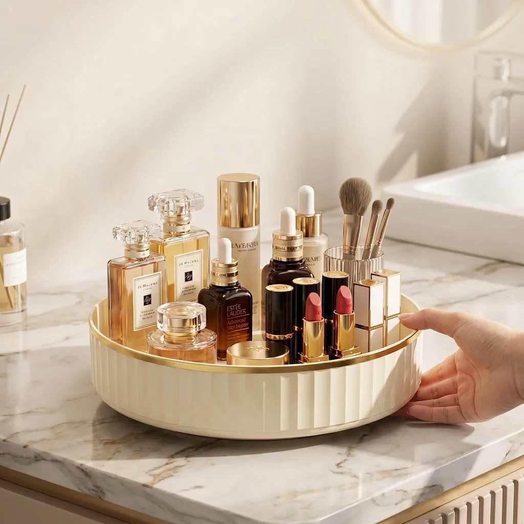 360 Rotating Makeup Organizer Plastic Cosmetic Storage Box Perfume Skincare Vanity Tray Bathroom Dressing Table Brush Holder