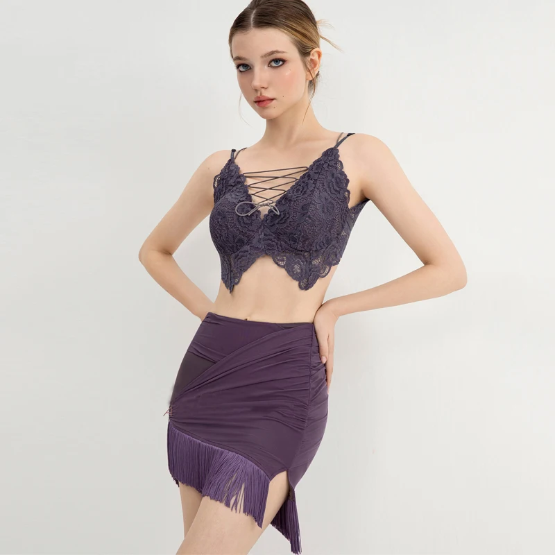 Fashion Adults Samba Latin Dance Costumes Ladies Purple Lace Bra Top Tassels Skirts Women Rumba Latin Dance CLothing SL13507