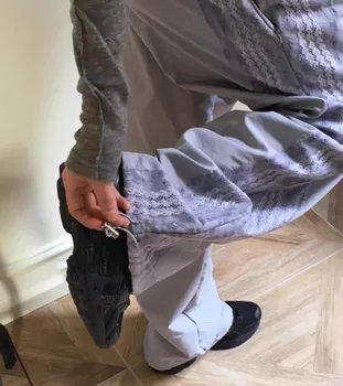 Moda w stylu Vintage koronkowy patchwork nylonowe spodnie szerokie nogawki 2023 letnie nowe luźne Y2k E-Girl proste spodnie z wysokim stanem