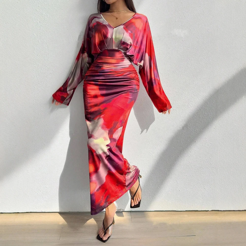 فساتين حريمي خريف 2025 أنيقة متدرجة اللون كتلة كم طويل عميق الخامس الرقبة الخصر طيات ميدي التحول سليم صالح فستان #5