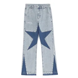 Moda estrelas hip hop jeans cores contrastantes retalhos calças de brim retas dos homens retro rasgado calças de brim casuais de grandes dimensões