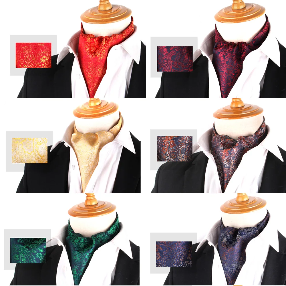 

New Cashew Tie For Men Wedding Formal Cravat Ascot Scrunch Self British Gentleman Polyester Paisley Neck Tie Luxury Bandanna Tie