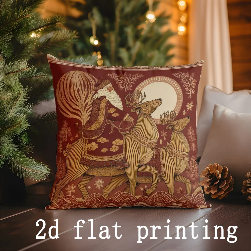Santa Claus and Deer Christmas throw pillow cover with short plush print for living room sofa decoration cushion cover