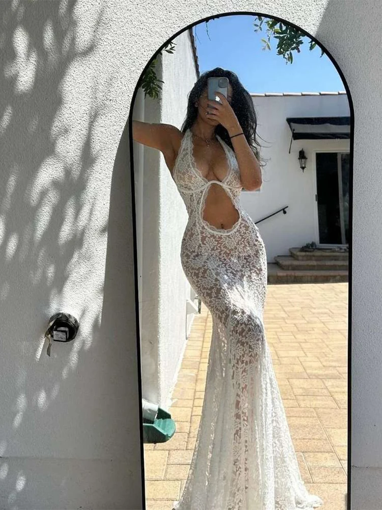 Ele Hollow out Design Beachside Dr Gonna lunga a vita alta da donna Sexy Hollow Flower Crt Stagione estiva Tessuto in poliestere