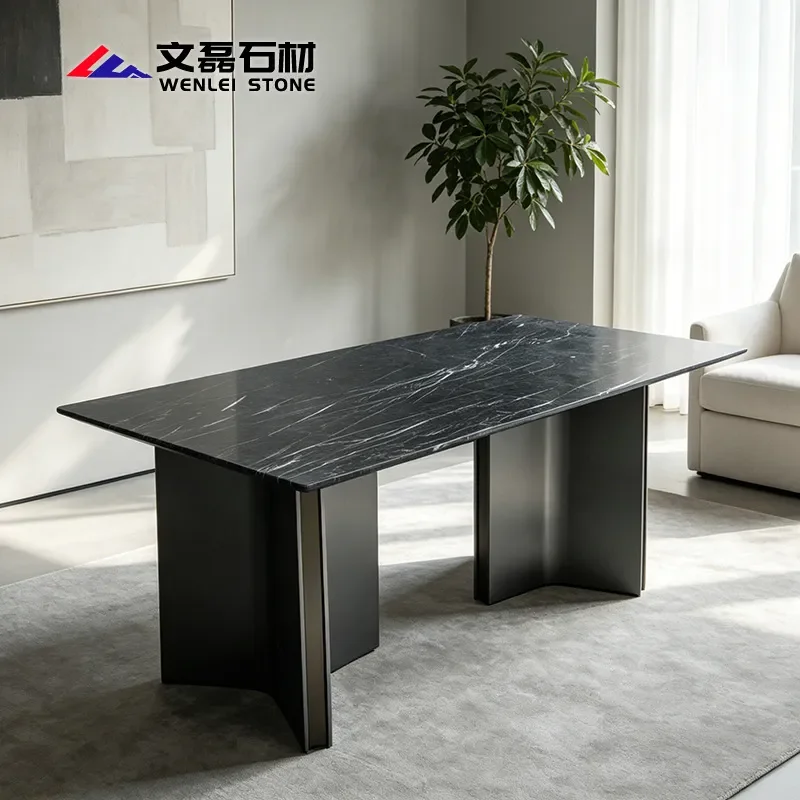 Modern Rectangular Marble Dining Table Set Black Natural Stone Rock Slab High End Luxury Home Furniture for Living Room