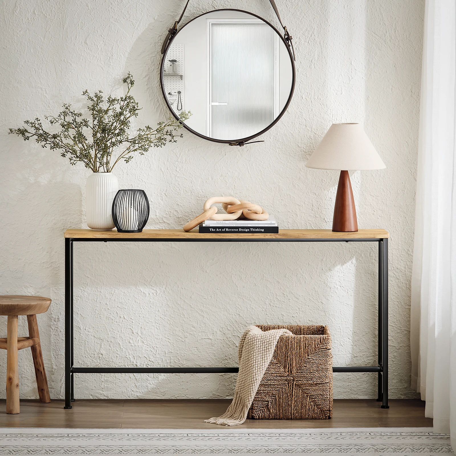 SoBuy FSB19-E Konsolentisch Schmal Flurtisch – Konsolentische Fürs Wohnzimmer, Vintage Metall Sideboard, Robustes Design – Ideal für Flur Möbel, Büro – Natur & Schwarz, 120x65x20cm