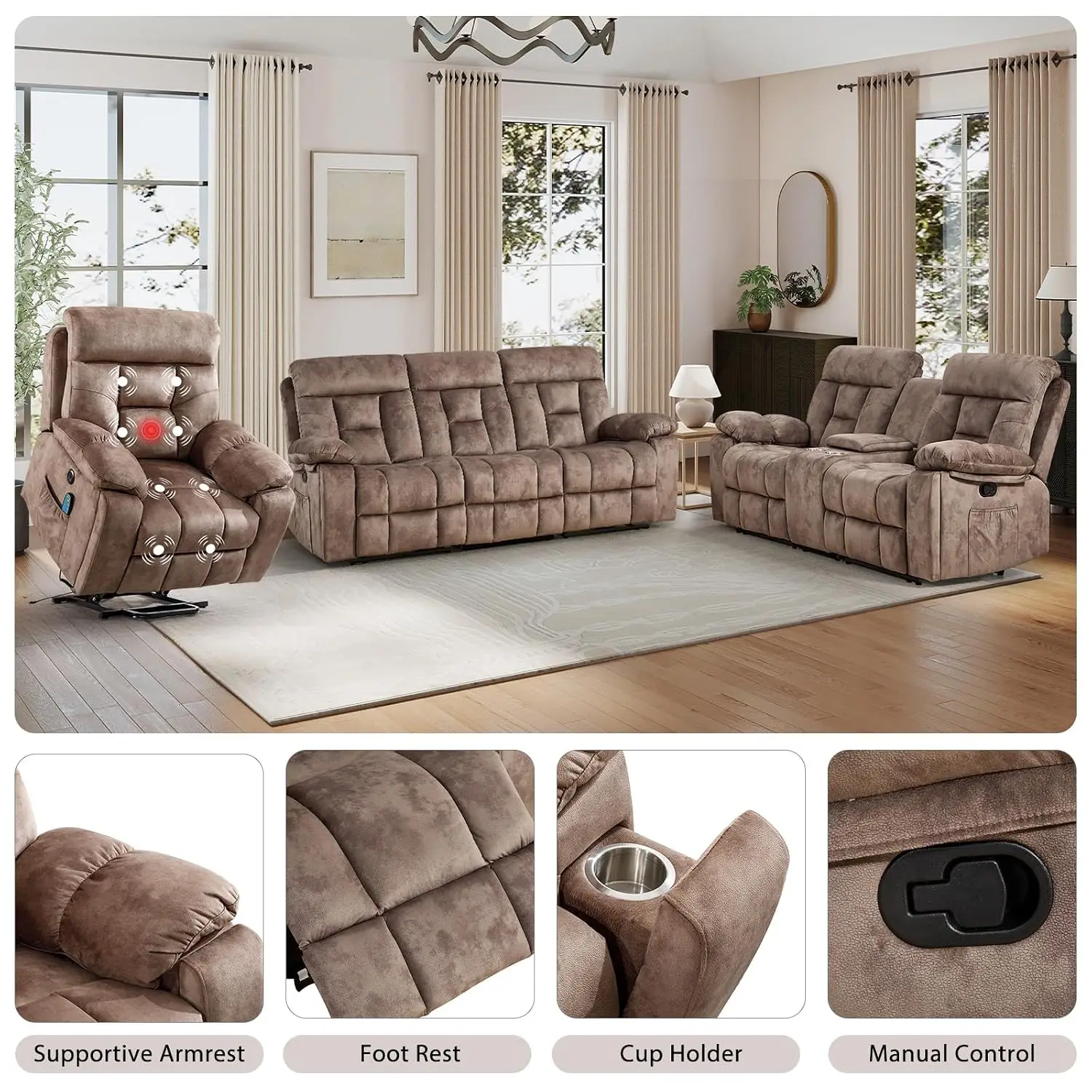 3 Pieces Recliner Sofa Furniture Set, Power Lift Recliner Chair with Massage and Heat, Manual Loveseat and 3 Seat Reclining Couc