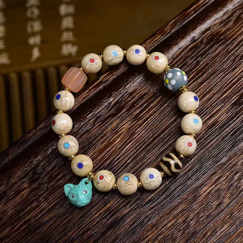 

old silver multi-gemstone inlaid round bead bracelet with agate and Dzi beads, Kintsuke accessories, Tibetan-style cultu