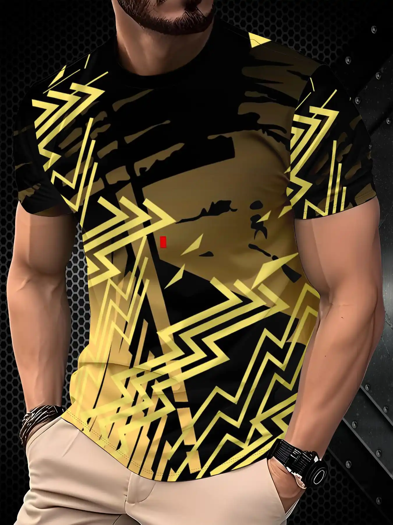 Men Sports Short Sleeve T-Shirt Quick Dry High Elastic Black Gold Zigzag Geometric Print Breathable Slim Training Top
