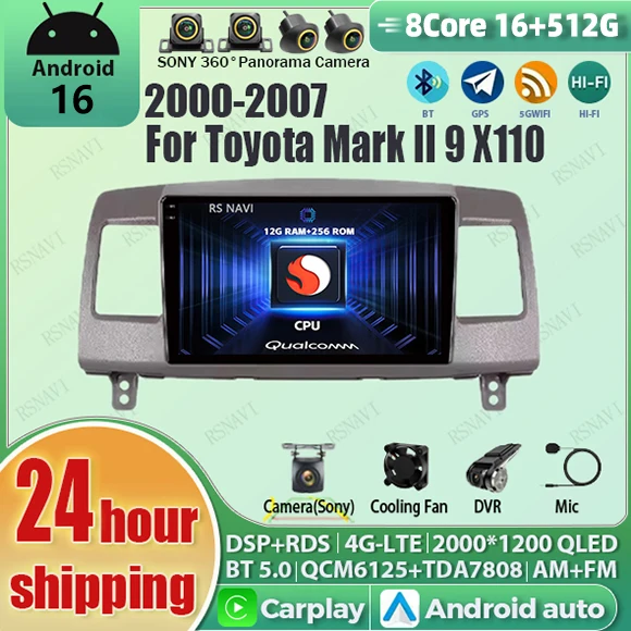 Android 16 Carplay Auto Qualcomm 2K QLED Screen Car Radio Player For Toyota Mark II 9 X110 2000-2007 GPS Wifi 4G DSP Multimedia