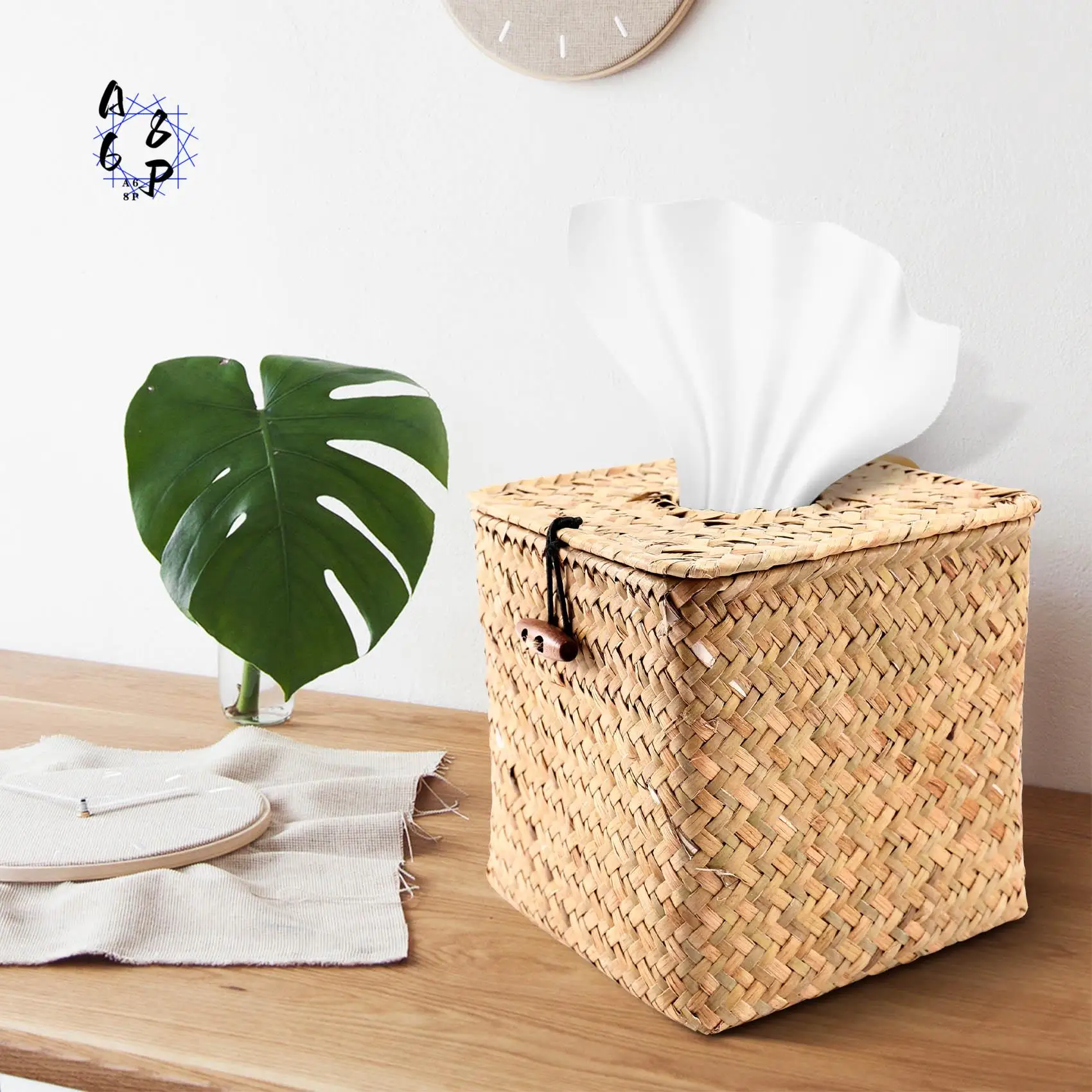 

A68P-2 Pack Square Seagrass Facial Tissue Box - Decorative Woven Paper Holder Napkin Dispenser - Straw Tissue Box Cover