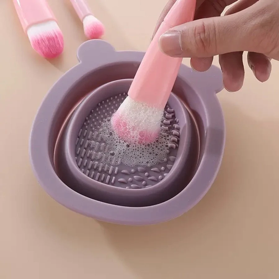 Foldable Silicone Cleaning Bowl in Bear Shape – Makeup Brush Cleansing Pad, Multi-functional Makeup Tool Washing Mat