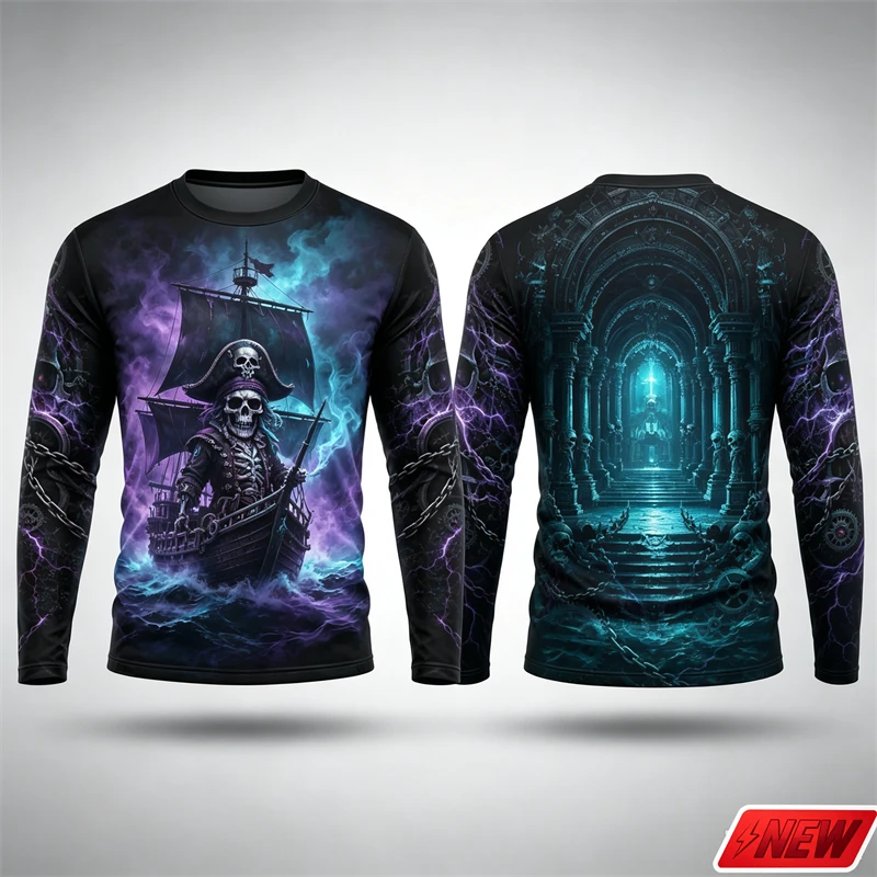 Mens Long Sleeve T Shirt Dark Skeleton Pirate Ghost Chain 3d Print Gothic O Neck T-Shirt Festival Streetwear Punk Style Tops