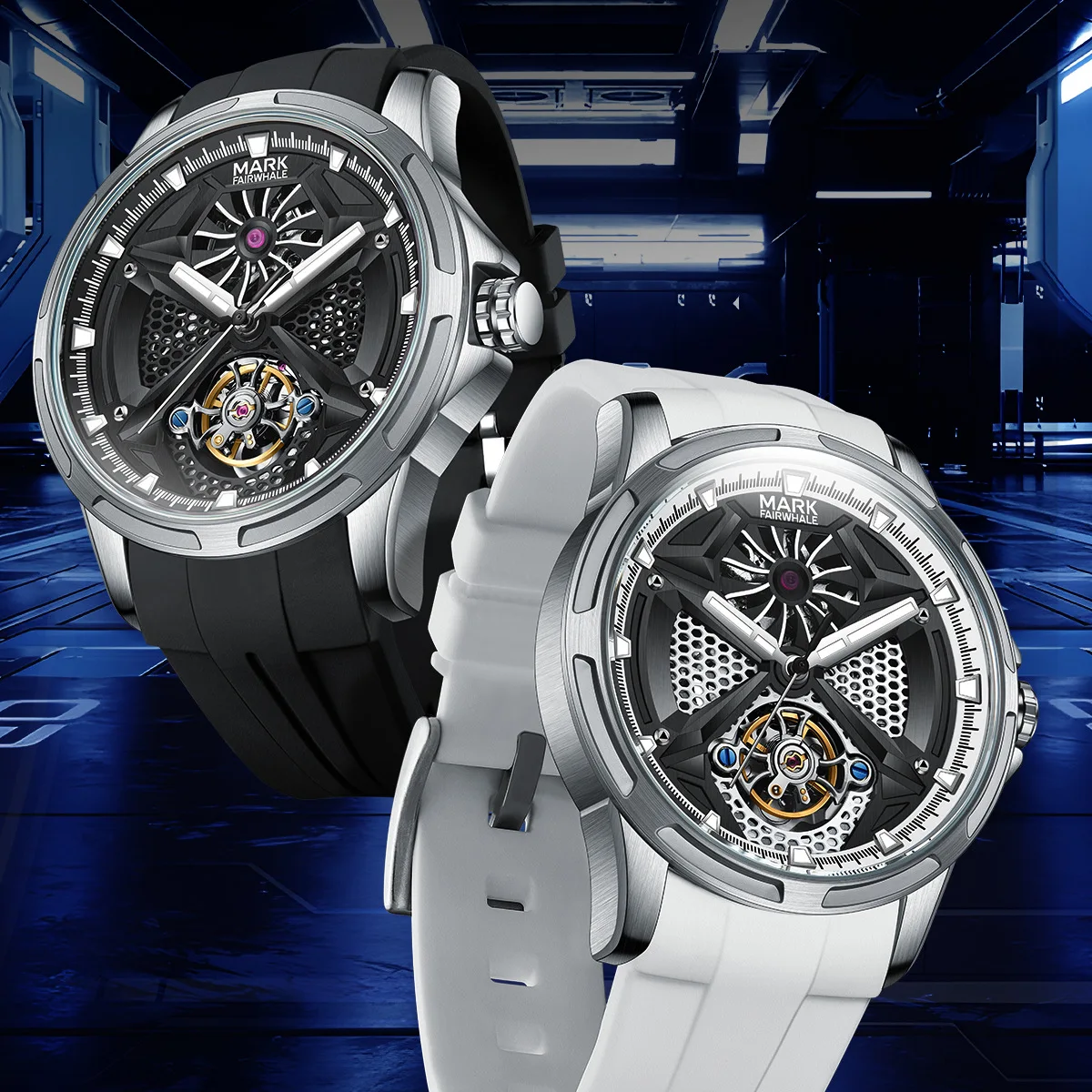 マークフェアホエールメンズ自動巻きトゥールビヨンウォッチスポーツラバーストラップ防水ファッション機械式時計