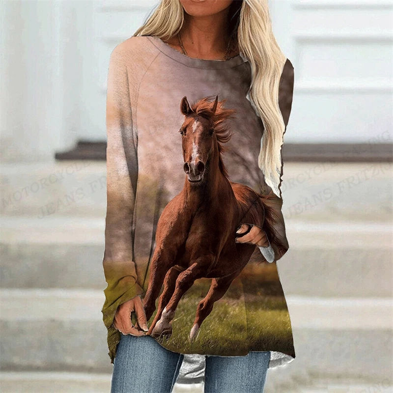 Horse T Shirt Animal 3d Print T-shirt Women Fashion T-shirt Long Sleeve Tops Tees Ladies Tshirt Loose Camisetas Femme