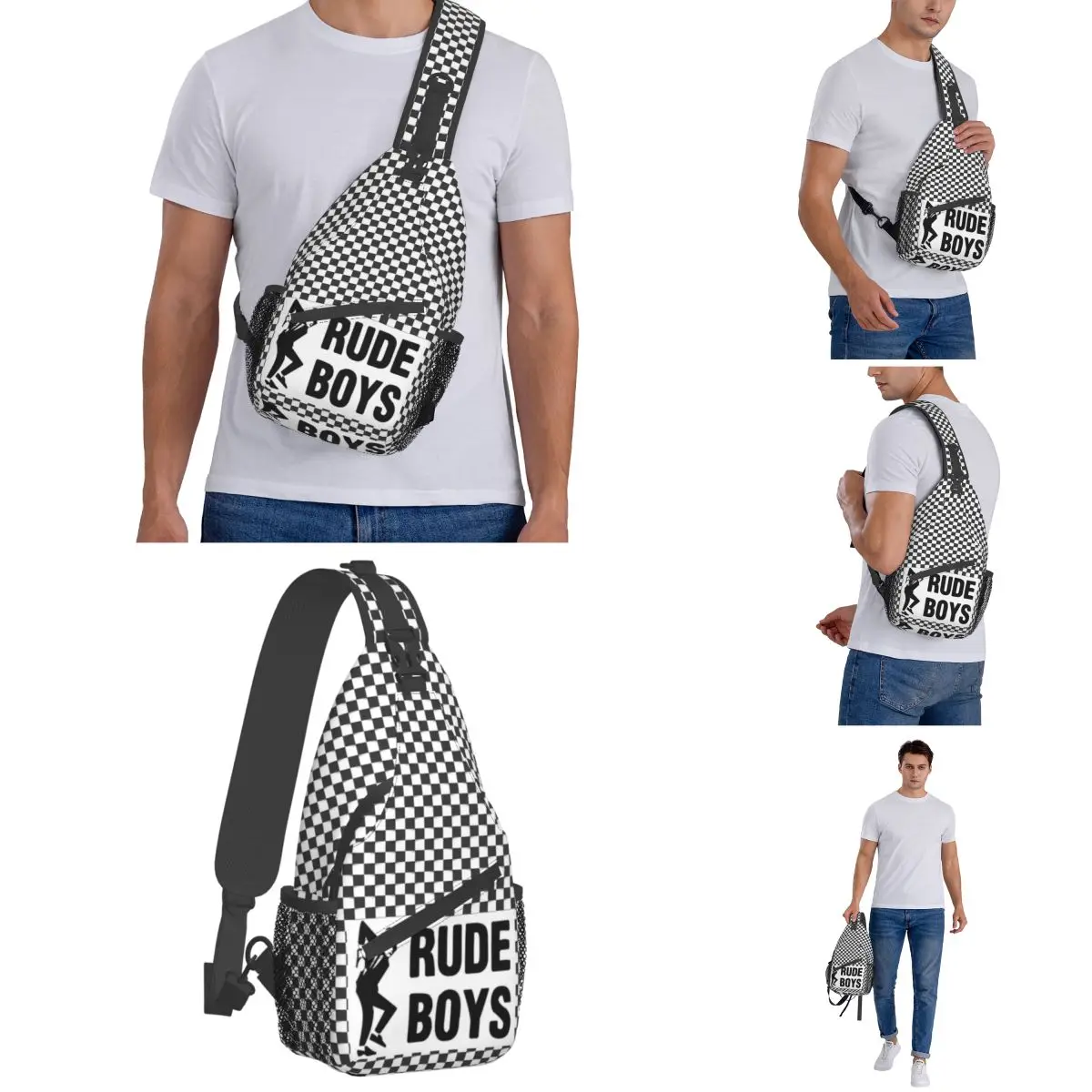 Ska Checkerboard Rude Boys Crossbody Sling Bags Printed Chest Bag 2 Tone Music Punk Rock for Bags Hiking Travel Biking Satchel