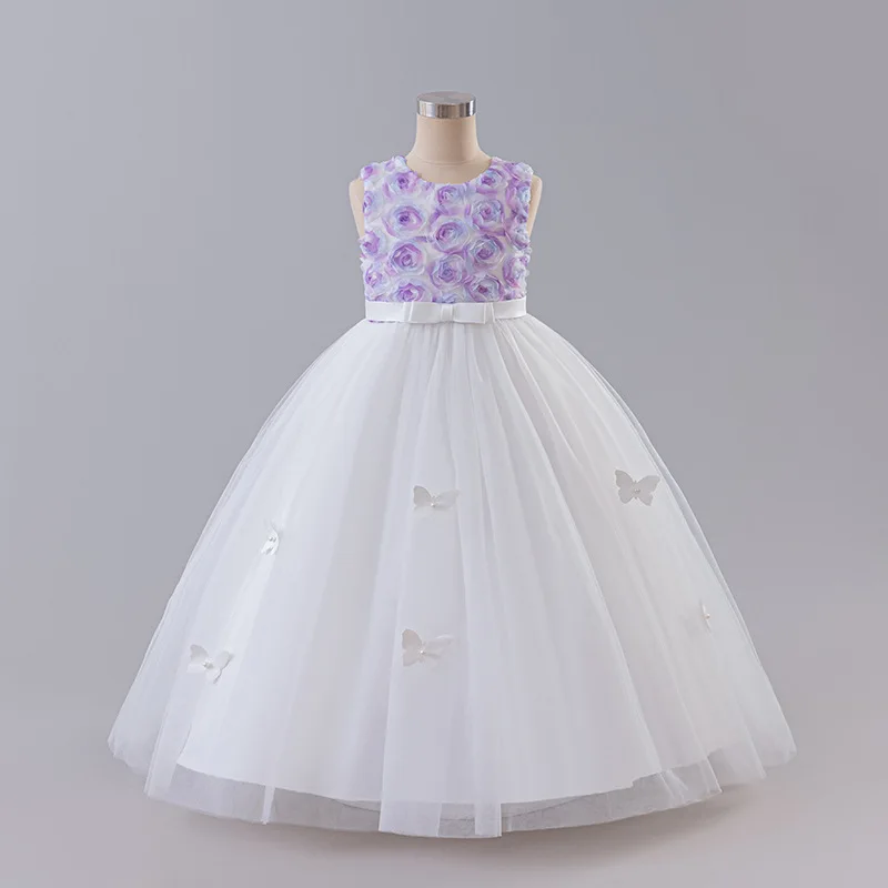 HETISO 6-14Y White Purple Girl Princess Dress Flower Butterfly Children's Girly Dresses Kids Christmas Ceremonial Gown