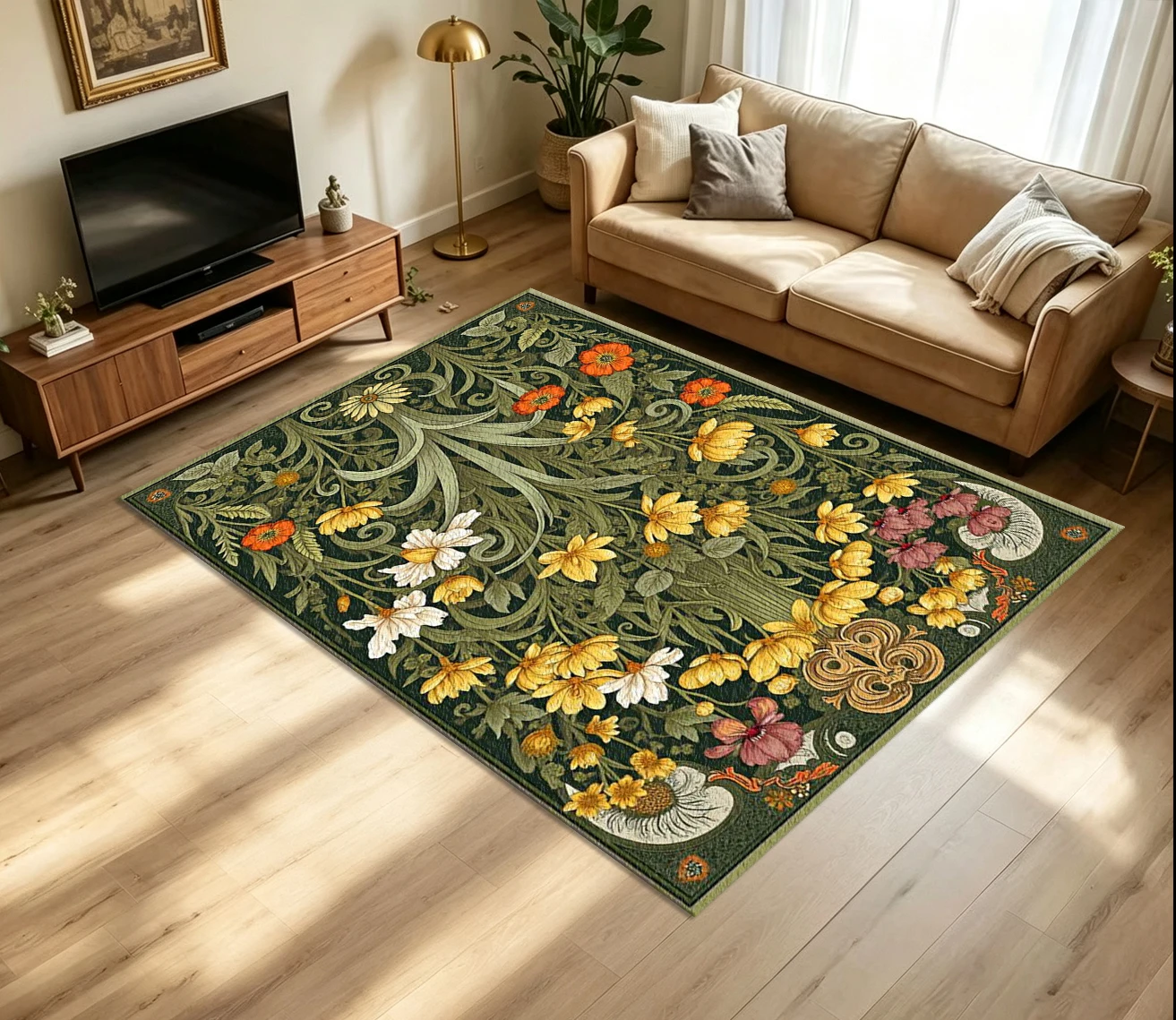 Art Nouveau Vintage Wild Floral Carpet Flooring Retro Green Yellow Orange Botanic Swirl Vine Printed Floor Rug for Household Room Home Art Decor