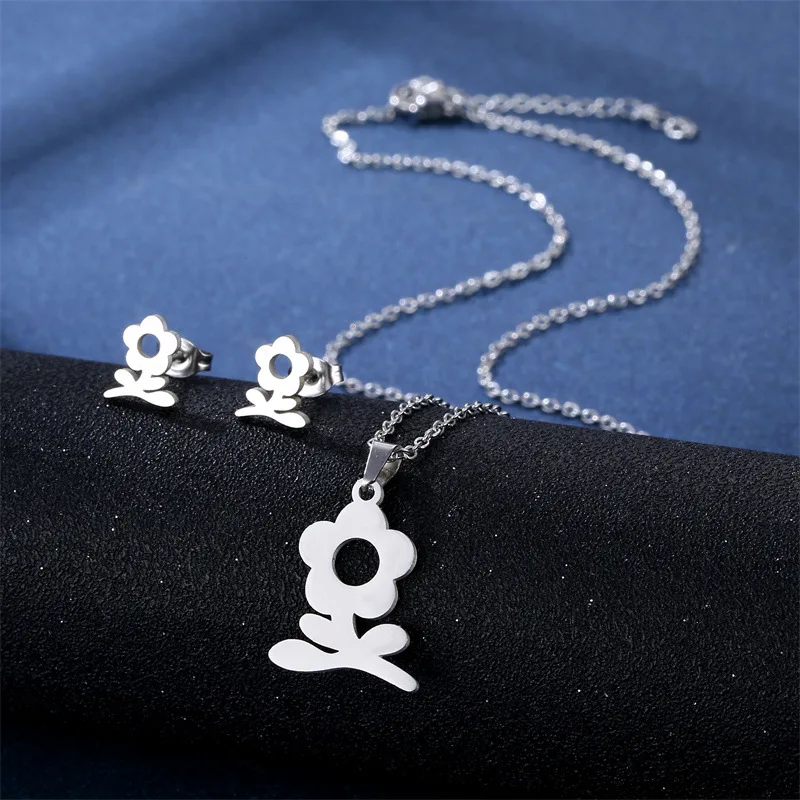 316L Stainless Steel Jewelry Sets Tulip Rose Flower Daisy Sunflower Choker Necklaces &  Earings Set For Girl Wholesale Dropship