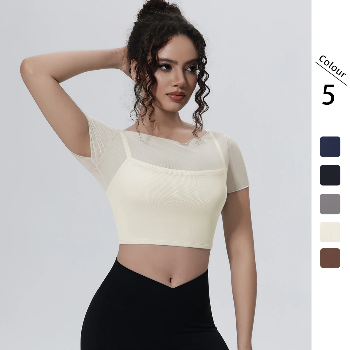 1PC Summer Sports Yoga T-Shirt Gym Running Shirts Solid Color Slim Casual Fitness Top Mesh Yoga T-shirt False Two-piece Top
