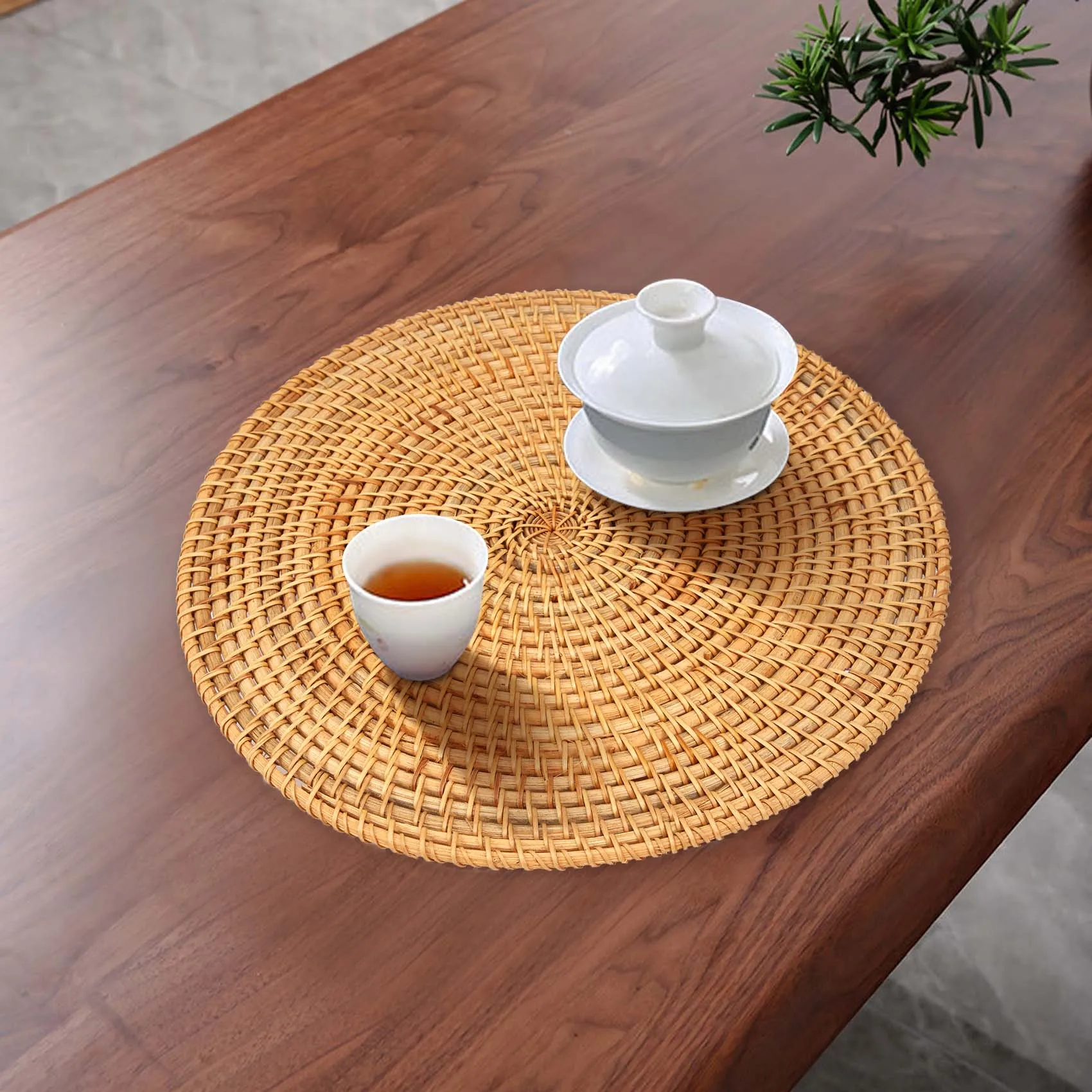 M12K-Handwoven Rattan Placemats,Round Wicker Table Mats, Natural Woven Placemats For Dinner Table,Heat Resistant Mats