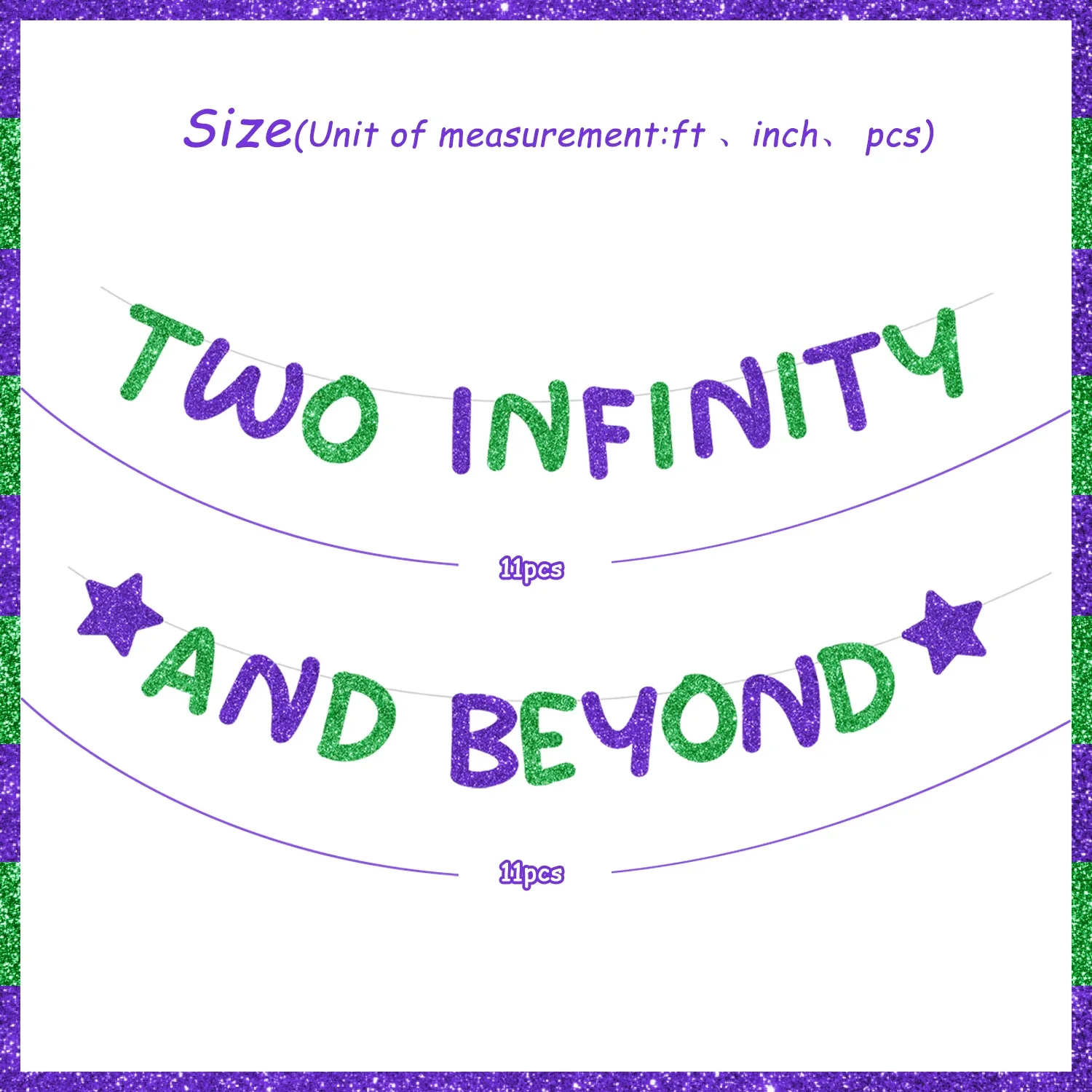 Glitter Banner for Kids, 2 Years Old, 1st Birthday Party Decoration Supplies, 2 Infinity and Beyond, Green and Purple