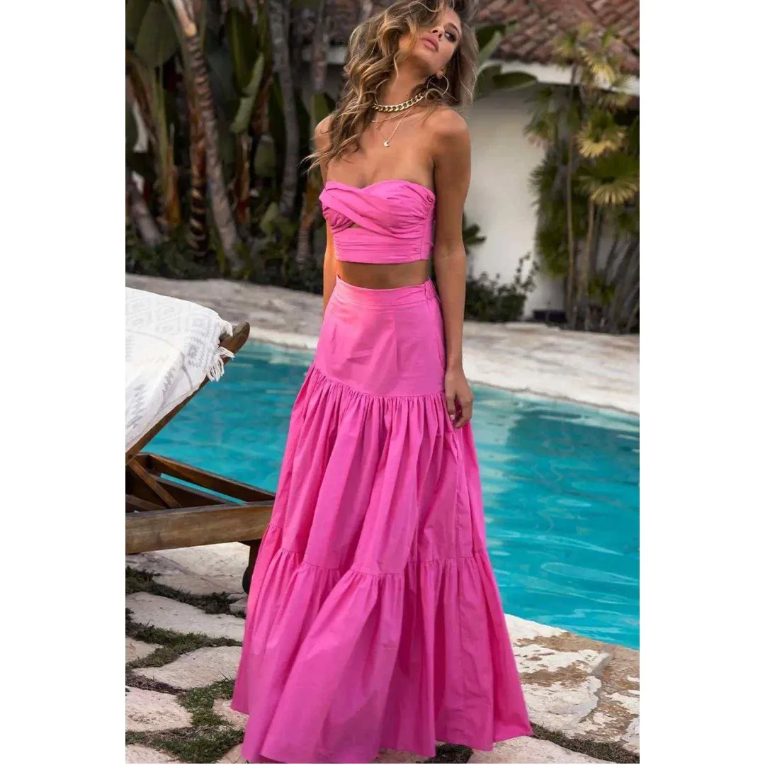 Couture Fuchsia Taffeta Women Set 2 Pieces Short Top And A-line Long Skirt Stratchy Back Women Maxi Gowns Holiday Dress