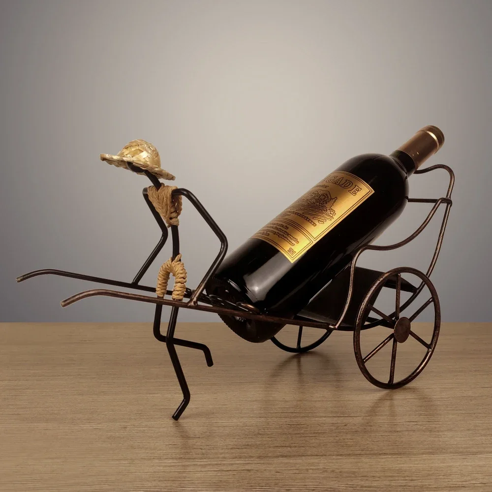 Tabletop Wine Rack, Retro Iron Rickshaw Cart Wine Shelf, Countertop Single Bottle Wine Holder, Home Bar Storage Stand Decoration