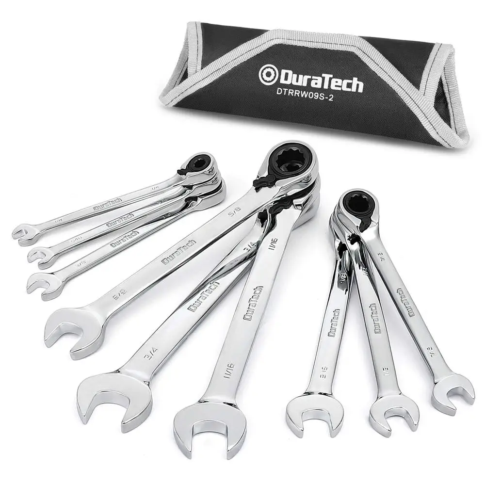 9-Piece Reversible Ratcheting Wrench Set SAE 1/4''-3/4" CR-V Steel Kit