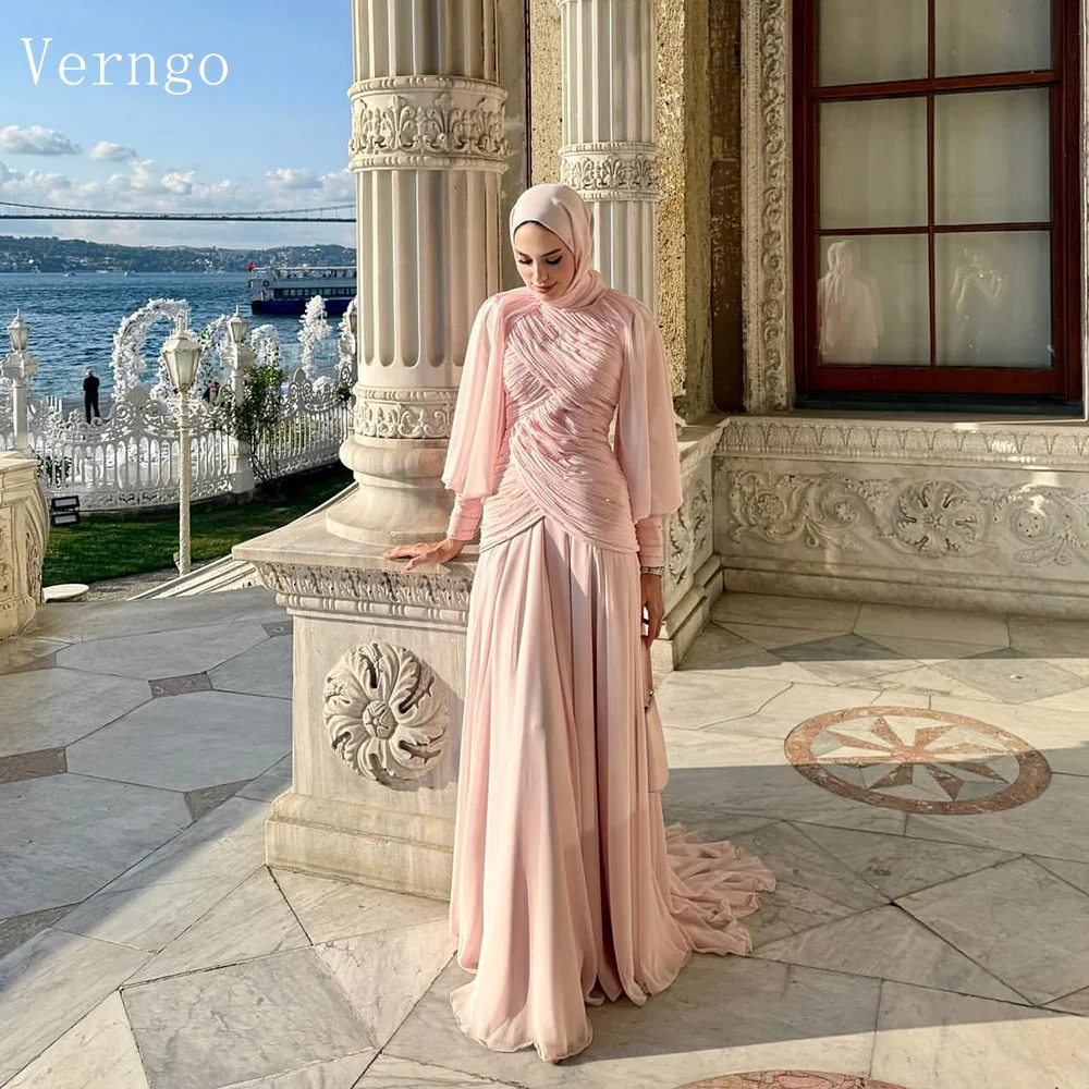 

Verngo Pink Evening Dress Elegant O Neck A Line Modest Prom Dress Flowing Hand-pleated Prom Party Dress Customized