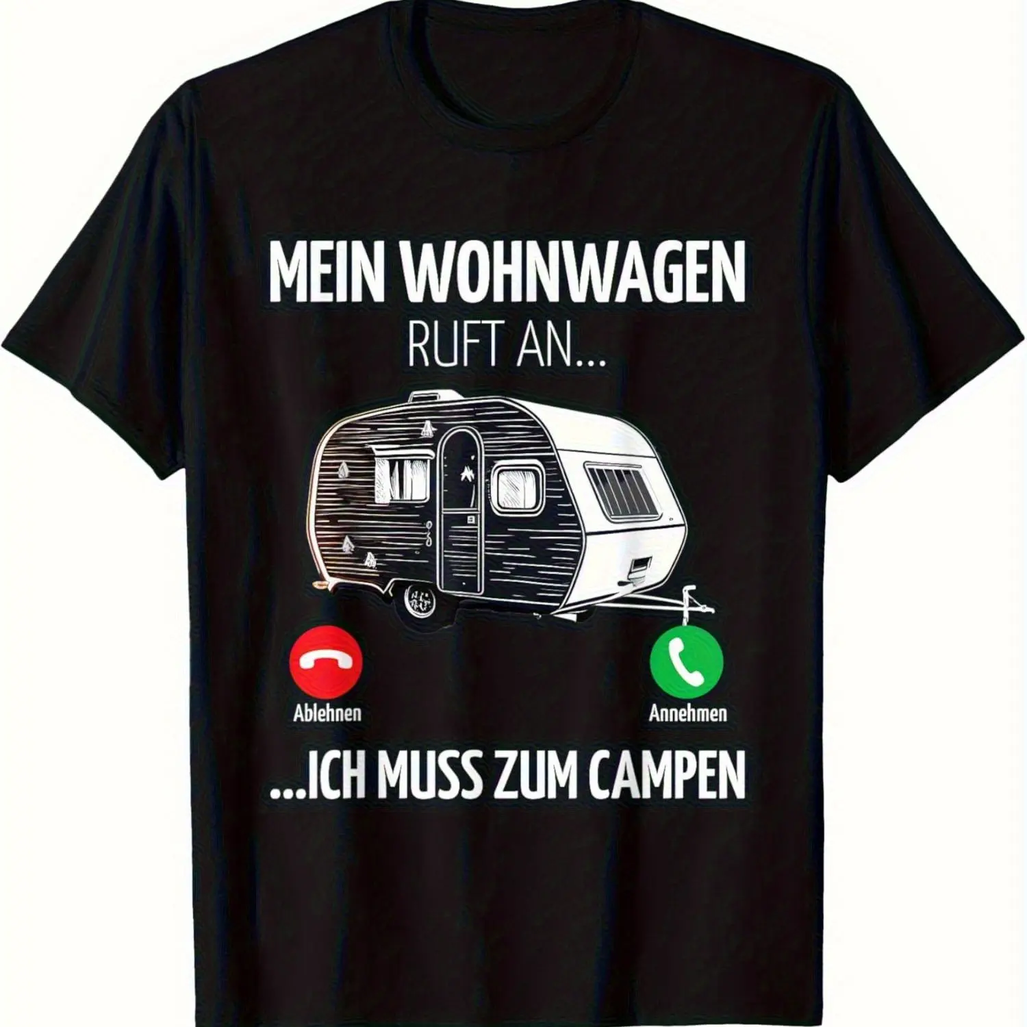 Men's Vintage RV Camping Shirt Funny German Quote Mein Wohnwagen Ruft An... Tee with Retro Phone Icons All-Season