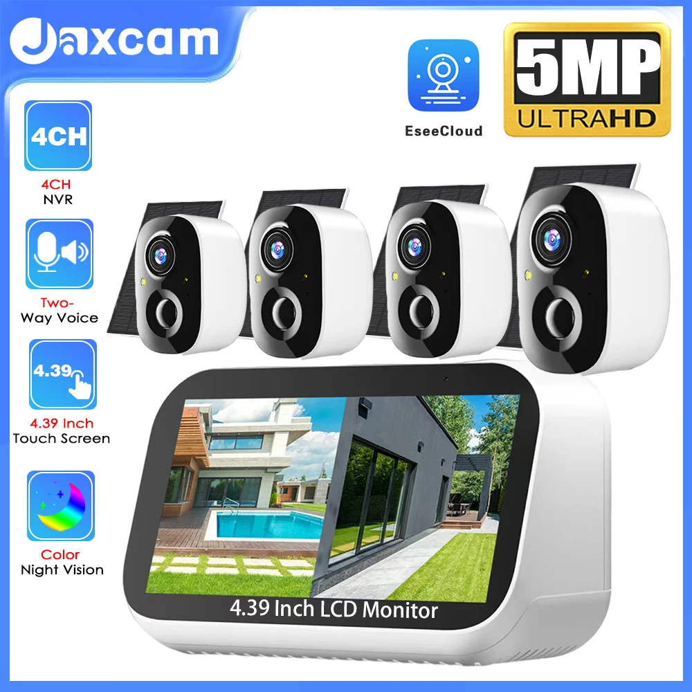 5MP WIFI Solar Surveillance Camera HD Human Detection Full Color Night Vision Two Way Audio Kit 4.39 Inch LCD Monitor ESeecloud