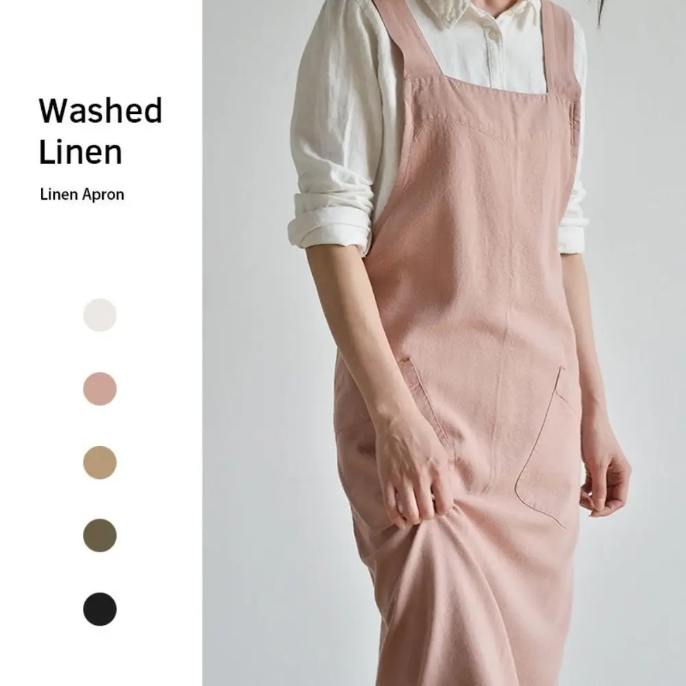 

Кухонный фартук в японском стиле с перекрестной спинкой и карманами Платье-фартук без рукавов Однотонный хлопковый льняной фартук Кофейный флорист