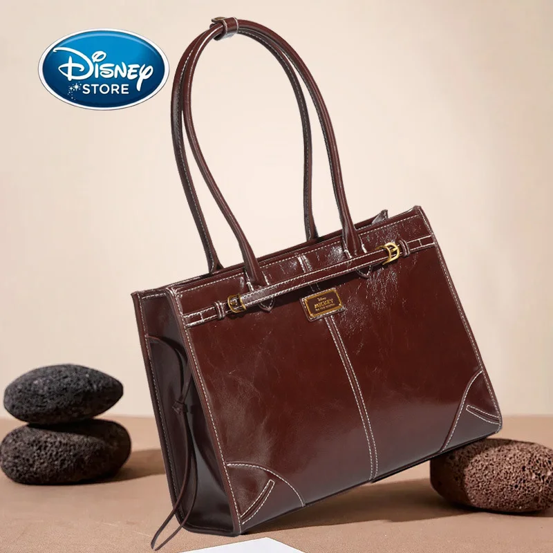 

Disney Retro Coffee Colored Glossy PU Leather Brand Handbag Original Mickey Women Large Capacity Shoulder Bags