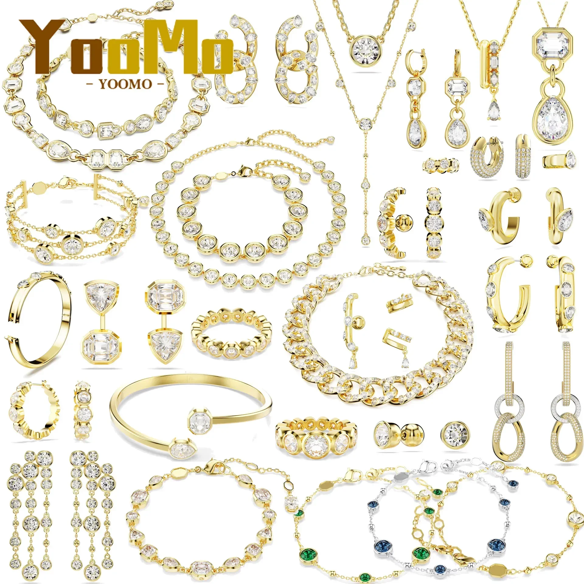 Original 2026 Gold Trendy Charm Fine Jewelry Sets  for Women Round Cut Crystal Tennis Necklace Bracelet Earrings Party Jewelry