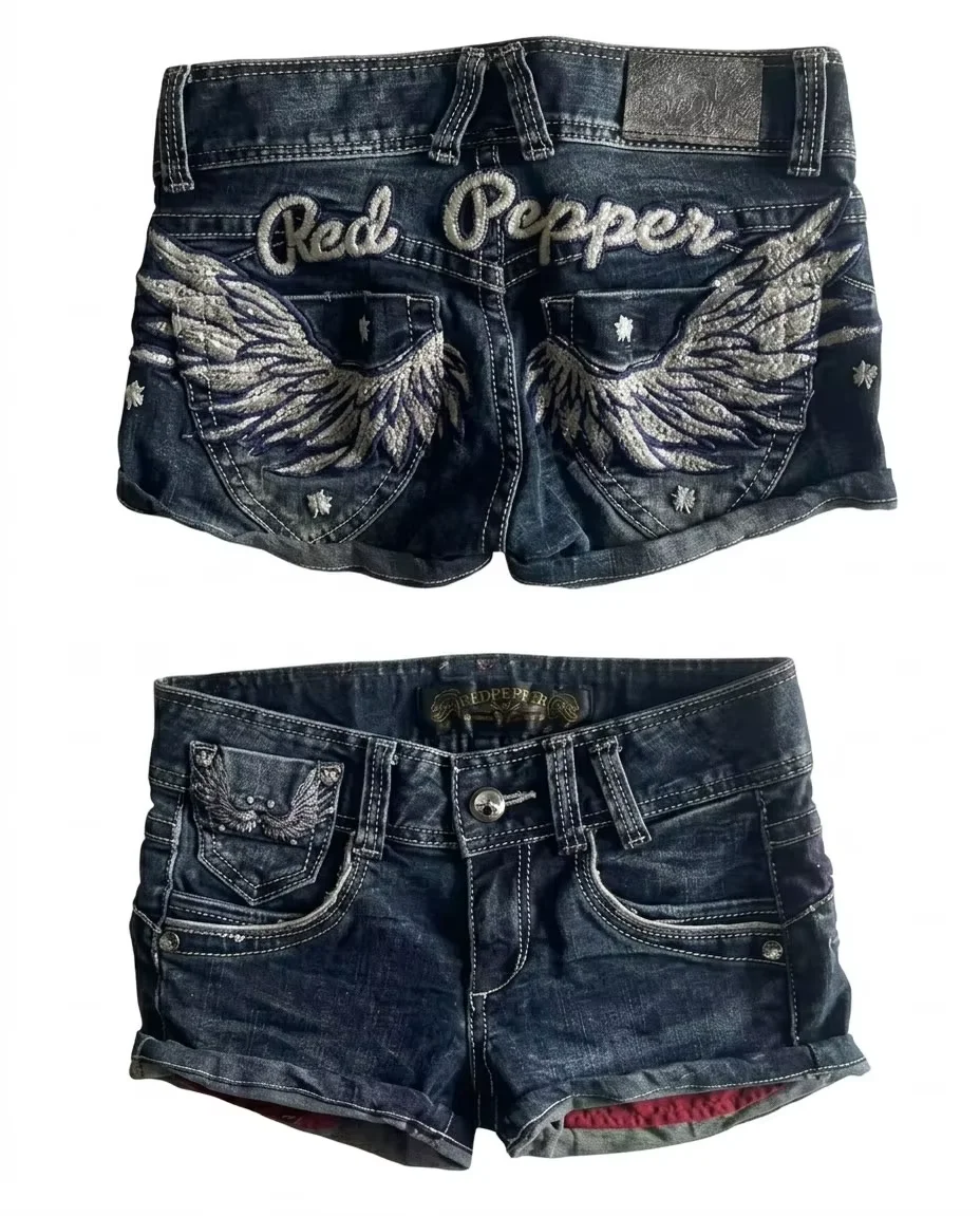 New Retro Double-sided Flashing Rhinestone Shorts for Women Y2K Harajuku Mini Denim Shorts Gothic Sexy Slim Low-waisted Shorts