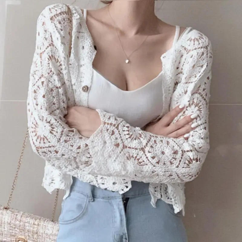 A niche sweet and stylish loose fitting, slimming versatile knitted top with lace hook flower hollow small cardigan for women