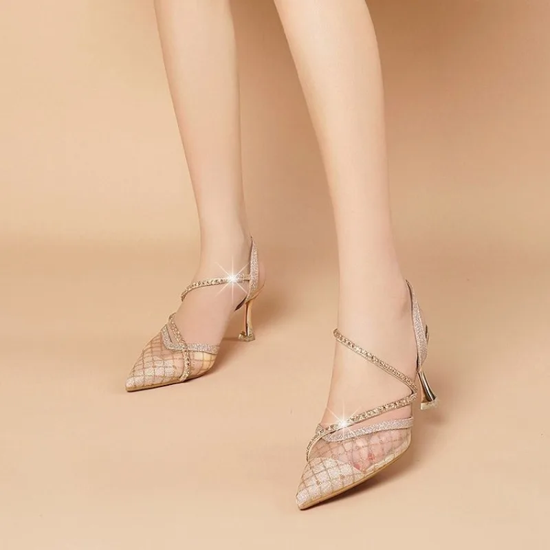 Women High Heel Sandals New Summer Fashion Pointed Toe Mesh Slingback Women Party Elegant High Heel Half Toe Sandals