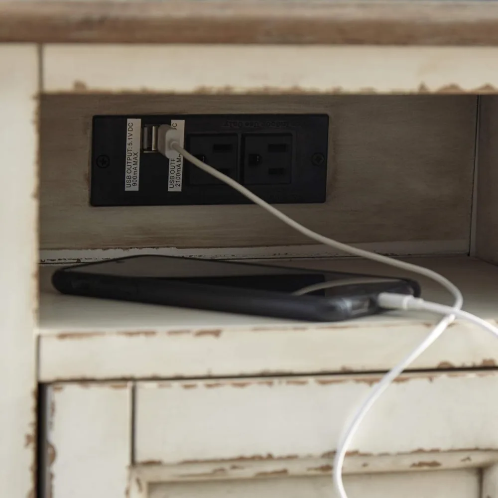 Realyn French Country Chair Side End Table with Outlets & USB Ports, Cream