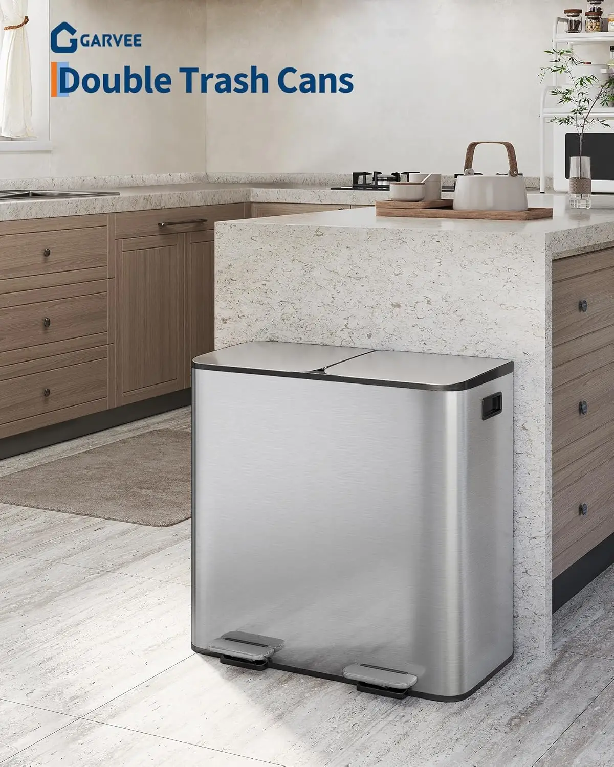 

Stainless Steel Dual Trash Can Double Compartment Garbage and Recycling Bin Combo with Lid,Step-On Pedal,Removable Liner Buckets