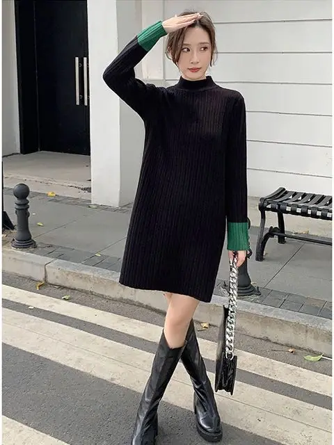 Korejepo Half High Neck Knitted Dress Women Autumn Winter Base Skirt Loose Sweater Stature Medium Long Woolen Dress Vestido