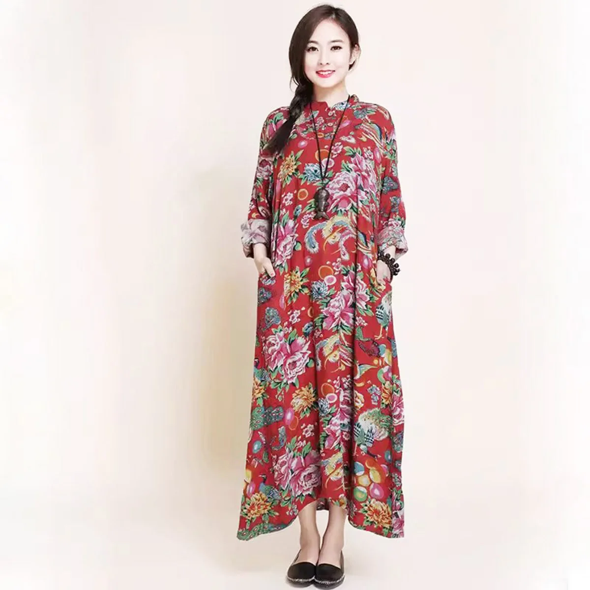 

Женское платье-туника в стиле Cheongsam из бамбукового волокна в стиле ретро с длинными рукавами и цветочным принтом в этническом стиле, туника в китайском стиле