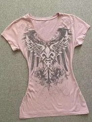 2025 Summer Y2k Harajuku Tshirts for Women V-neck Short Sleeve Tunic Camisetas Pink Print Tees Crop Tops Casual Chic Y2k T-shirt