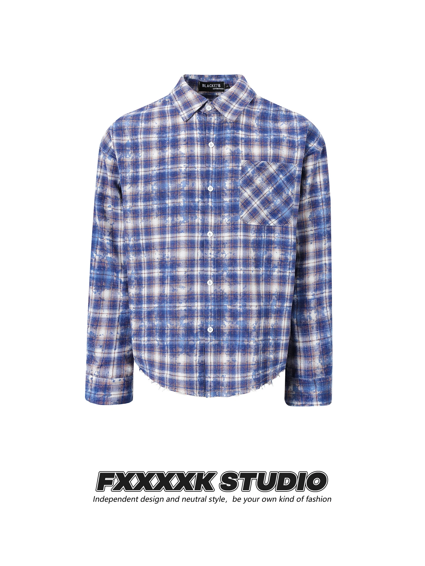 

FXK Original Retro Plaid Long Sve Men's irt Tie Dye Waed Distred Design Casual Loose Fit Faionable Streetwear