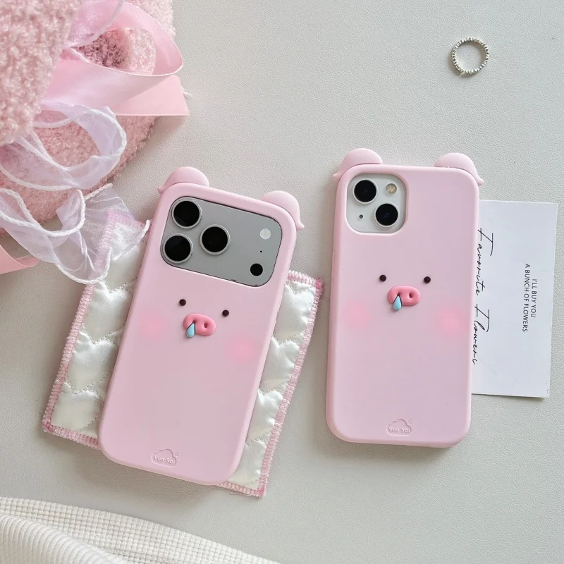 

﻿ Luxury Cute Cartoon snot powder blusher piglet ilicone phone case for iphone 13 14 15 16 17 Pro Max Funny Pink piglet Cover﻿