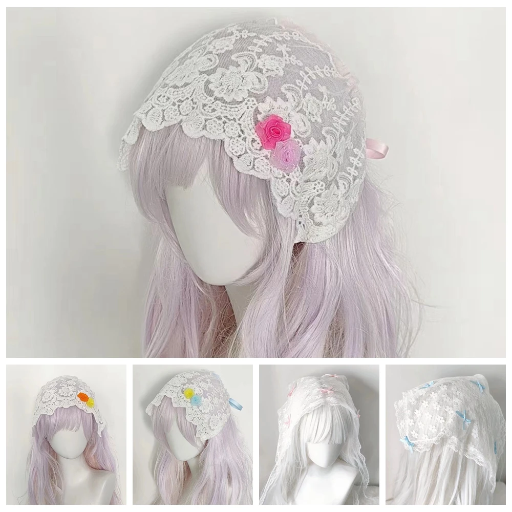 

Original Handmade Sweet Lace Bow Crochet Knit Lolita Bandana Cute Embroidery Flower Tie-up Headpiece Hollow Triangular Towel Hat