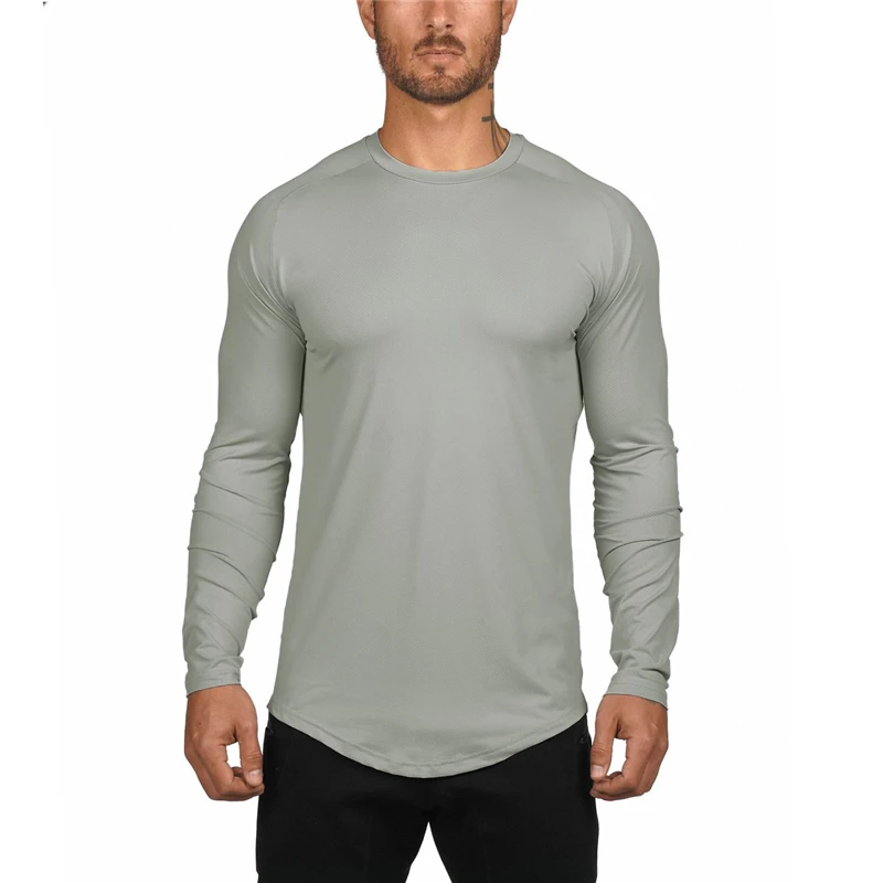 Plain Quick Dry Mesh Fitness T Shirt Men Solid Extend Long Sleeve T-shirt Slim Fit Tees Gym Clothing Bodybuilding Tshirt