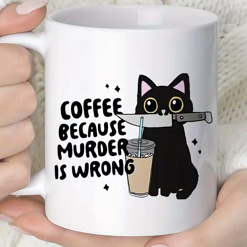 1 Porción, ¡Café! Porque matar es malo, taza de café de cerámica de 11 oz, taza de agua con temática de gatos, bebidas de verano e invierno, regalo navideño para amigos, familiares y familia