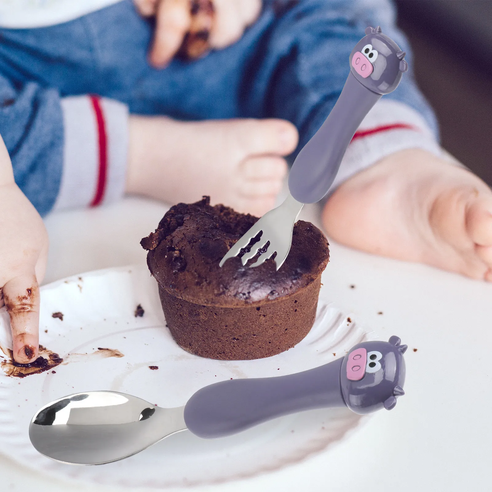 1Set Children Stainless Steel Cutlery Set Cartoon Animal Stainless Spoon Fork Baby Tableware Portable Kids Cutlery Infant view 3