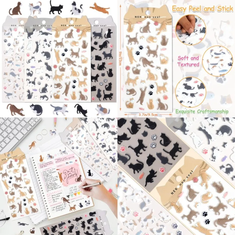 

Cute Cat Stickers for Scrapbooking Adults - Japanese Small Kawaii Black Tuxedo Tabby Calico Cat Paws Stickers - 4 Sheets for Pl